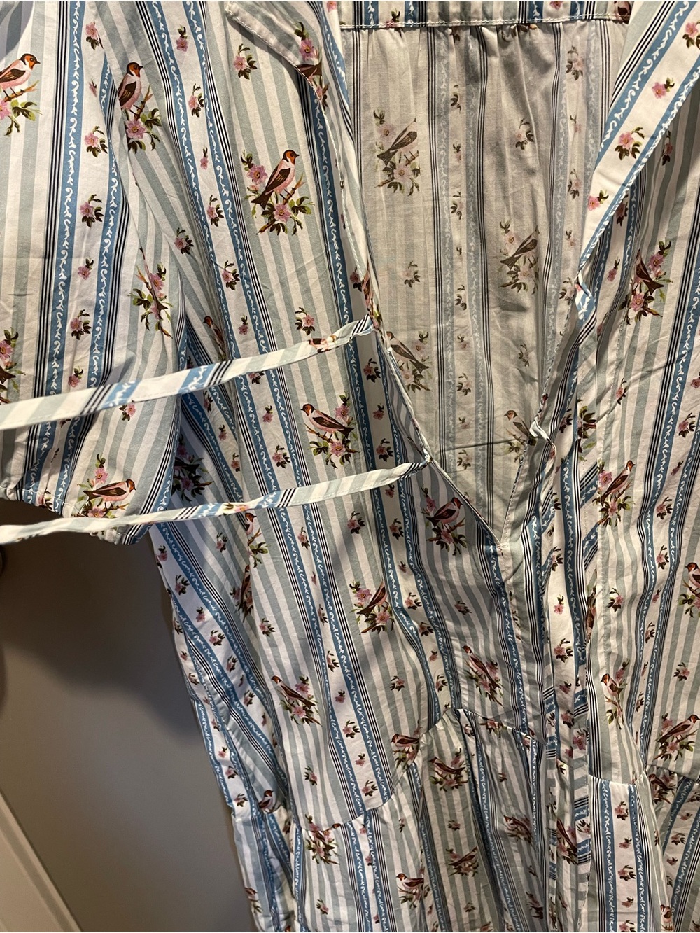 Anthropologie Light Blue Striped Floral And Bird Tie-Front Mini Dress NWOT - Picture 8 of 11